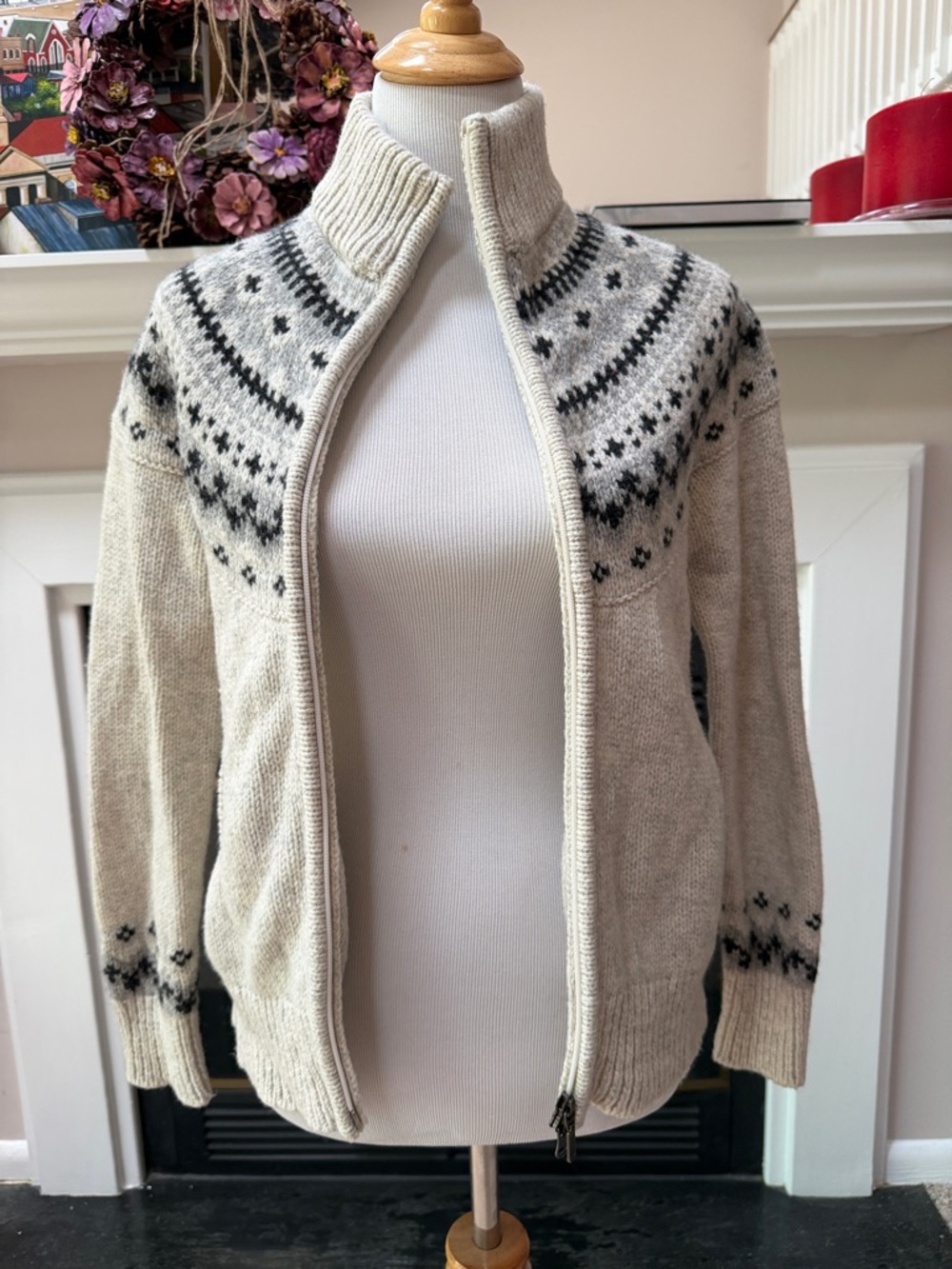LL Bean Fair Isle 100% LambsWool Zip Up Sweater Jacket Nordic